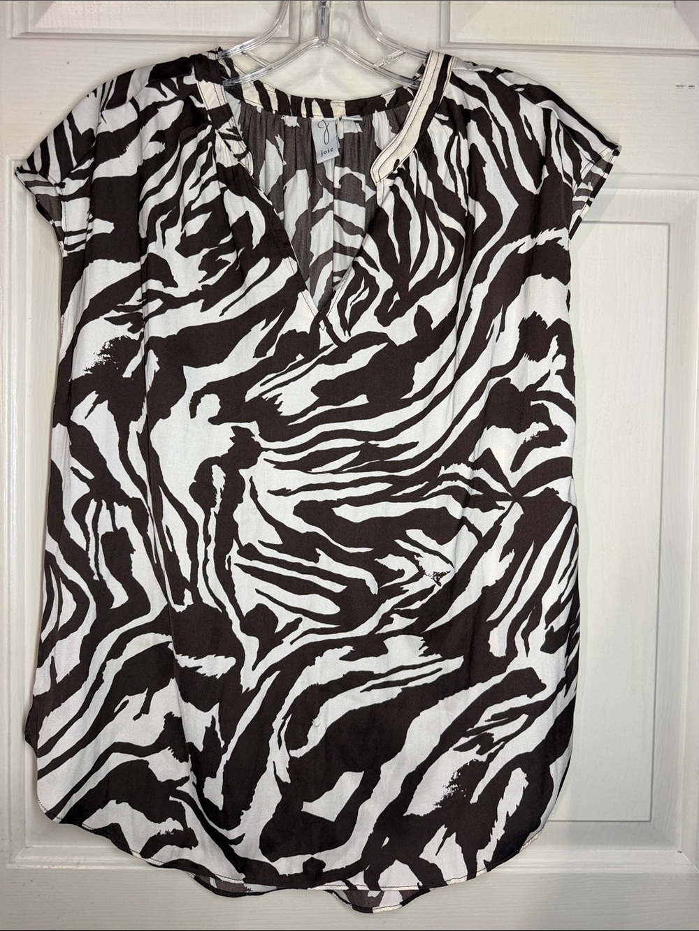 Joie Dark Brown and White Zebra-Print V-Neck Cap Sleeve Blouse